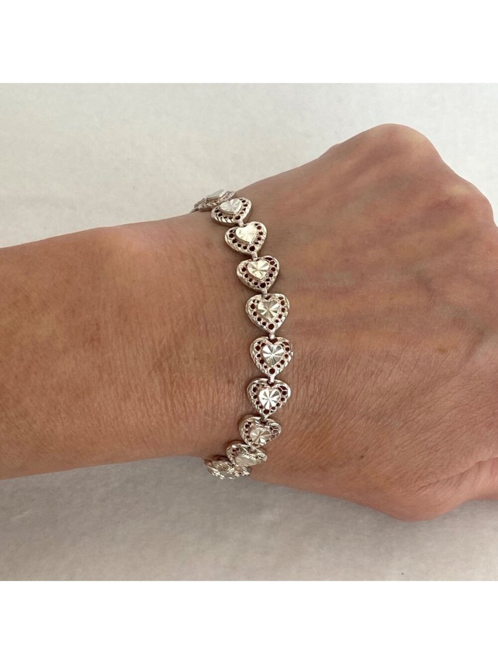 VTG Beverly Hills Sterling Silver 925 Diamond Cut Heart Link Bracelet 7"